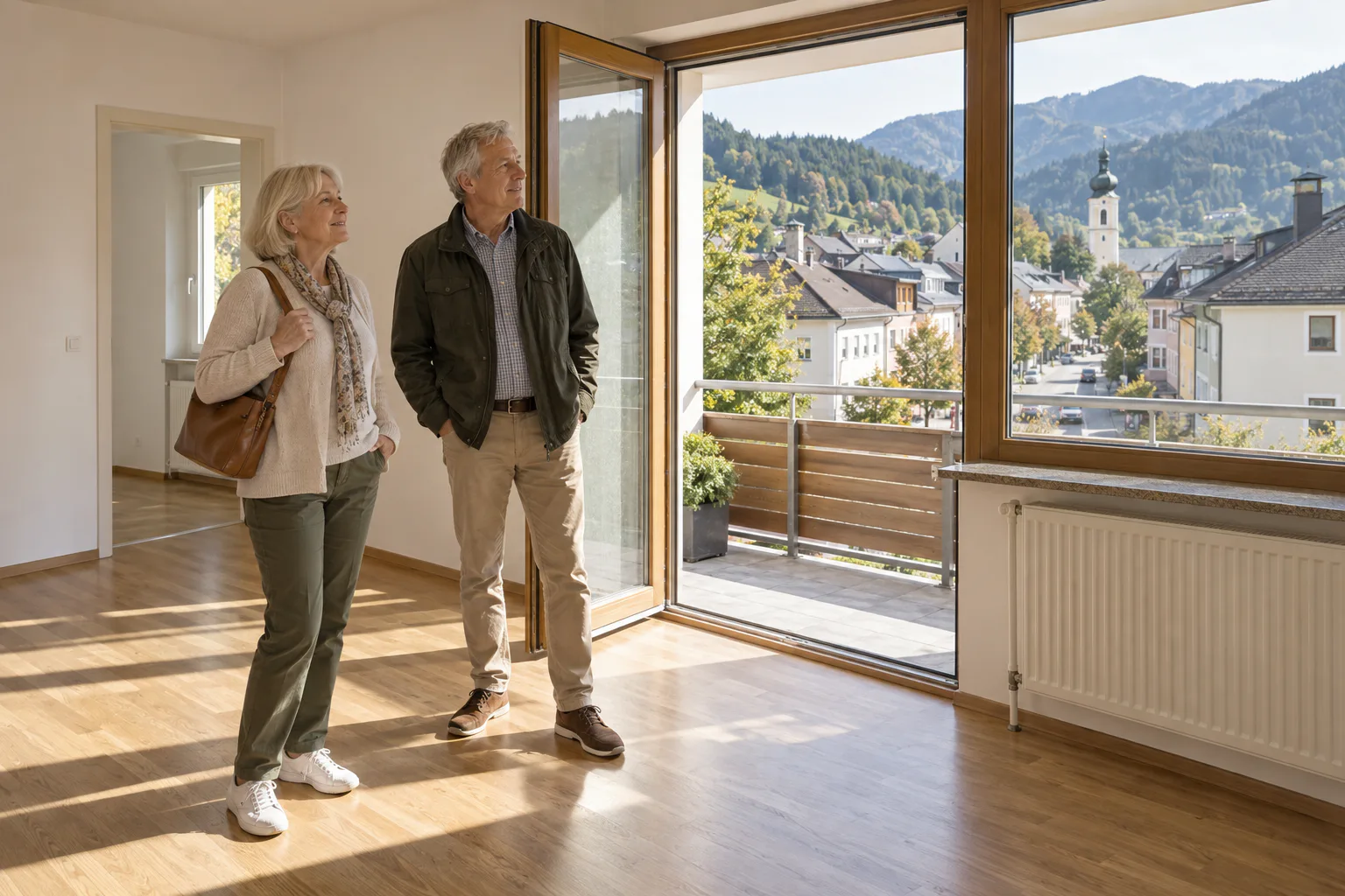 Älteres Paar betrachtet eine helle Wohnung und den Blick auf einen Tiroler Ort